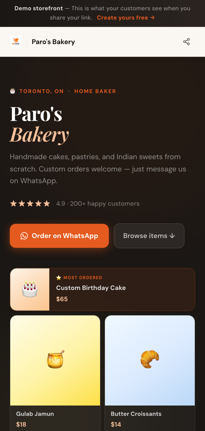 A real ElfClick storefront on a phone: Paro's Bakery in Toronto, with an Order on WhatsApp button and priced items including a custom birthday cake at $65.