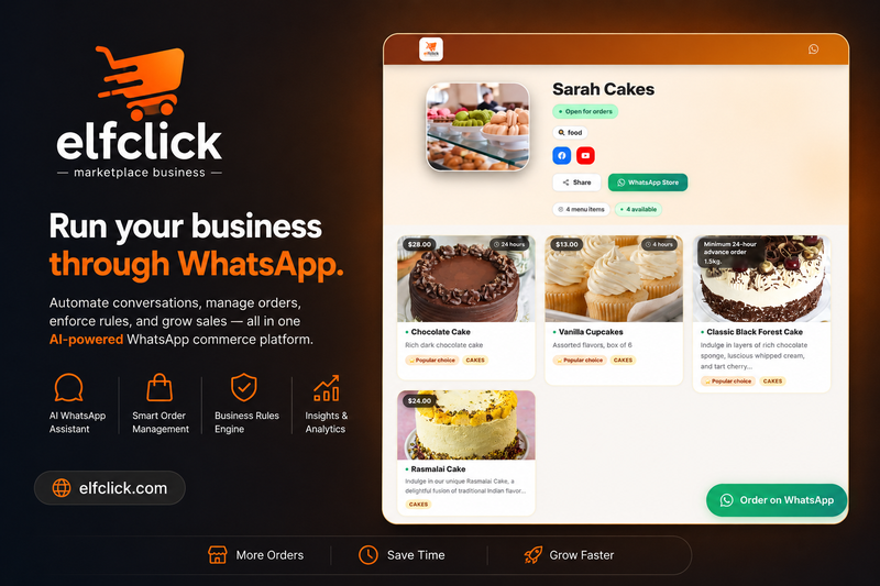 ElfClick storefront showing product catalog with prices and WhatsApp ordering